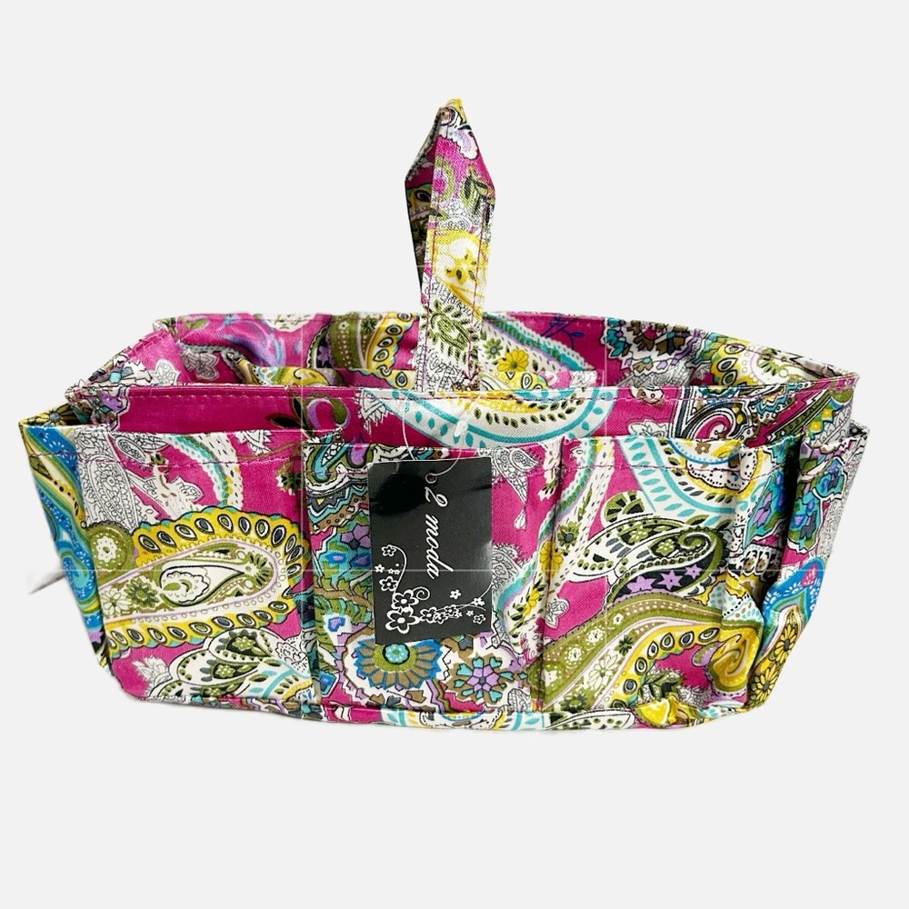 NWT 2 Moda Multiolored Paisley Fabric Cosmetic Craft Office Organizer Handle